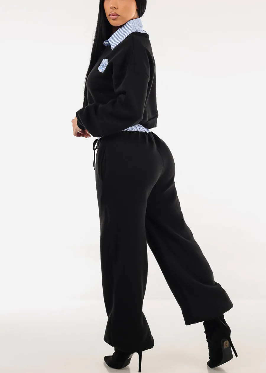 High Waist Wide Leg Fleece Sweatpants Black w Striped Waist sold by Moda product image thumbnail 5