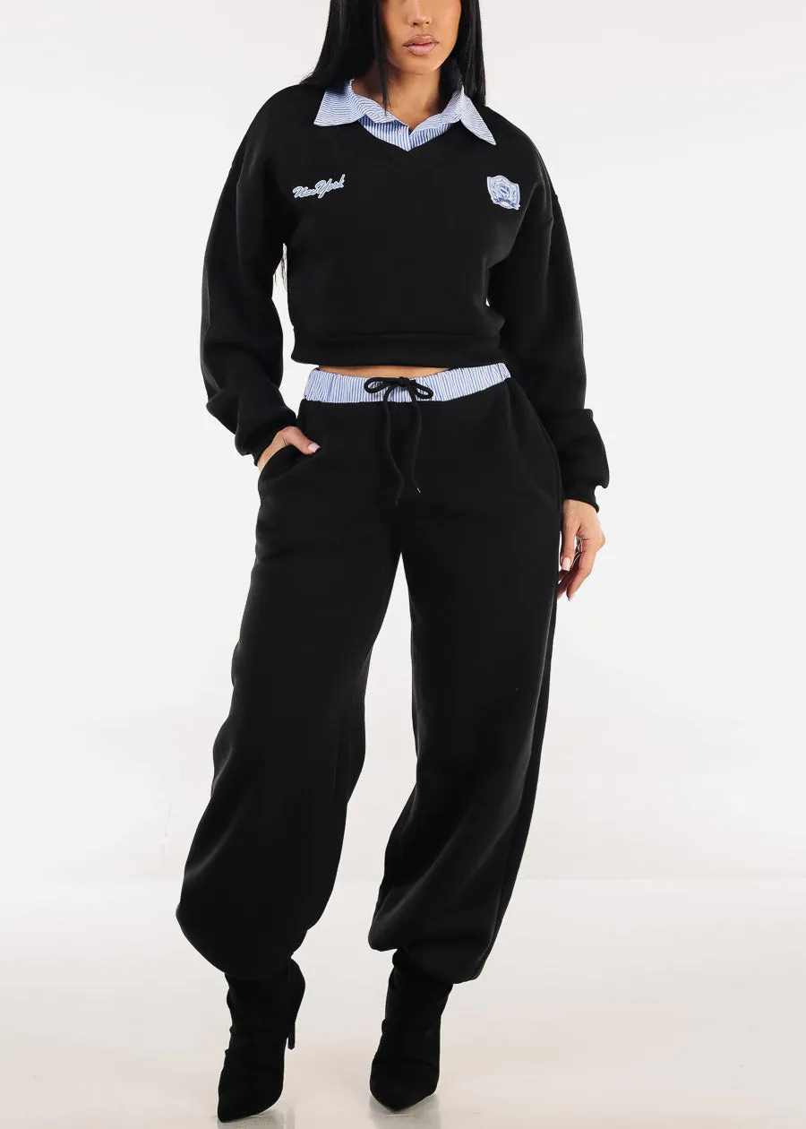 High Waist Wide Leg Fleece Sweatpants Black w Striped Waist sold by Moda product image thumbnail 2