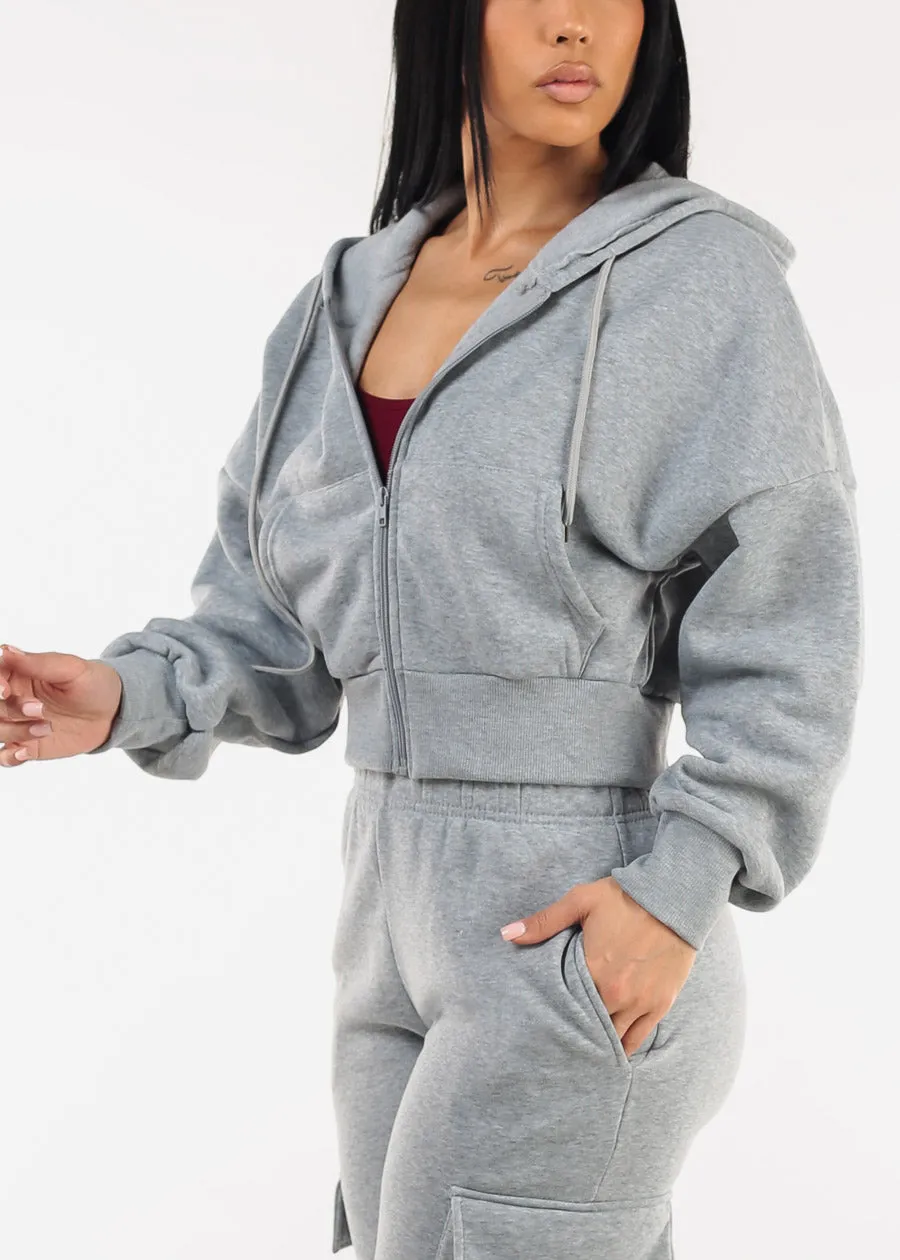 Cropped Fleece Zip Up Hoodie Grey sold by Moda