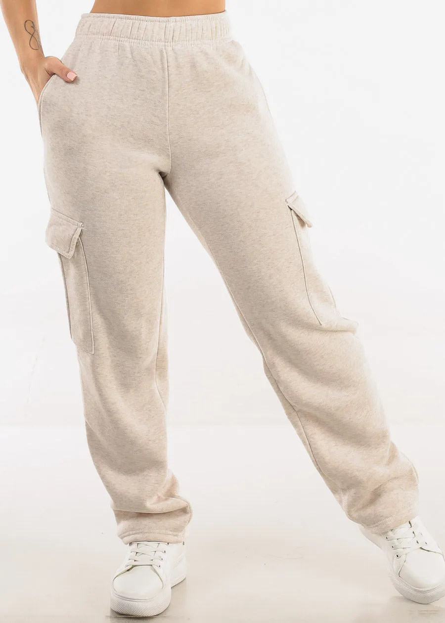 High Waist Relaxed Fit Utility Fleece Sweatpants Heather Beige sold by Moda