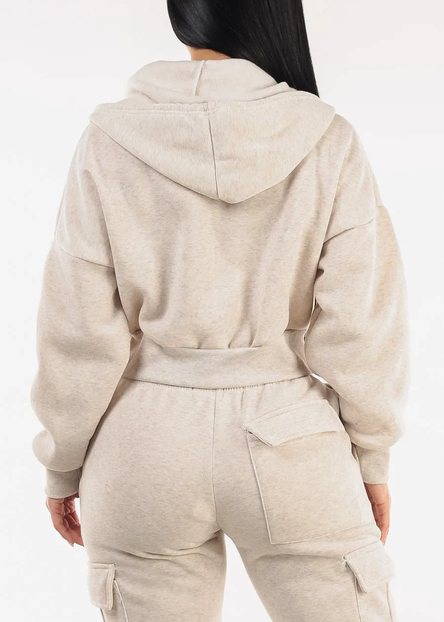 Cropped Fleece Zip Up Hoodie Heather Beige sold by Moda product image thumbnail 4