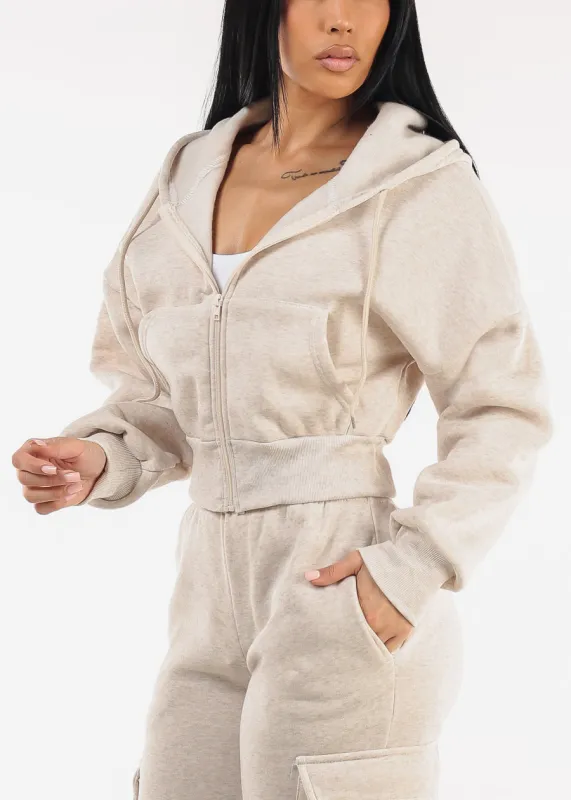 Cropped Fleece Zip Up Hoodie Heather Beige made by Moda