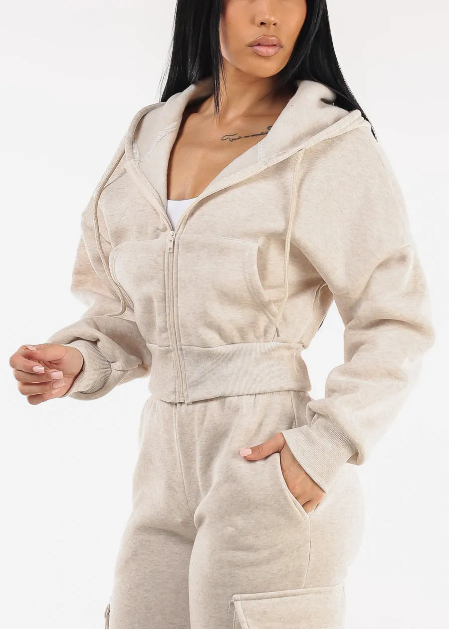 Cropped Fleece Zip Up Hoodie Heather Beige sold by Moda