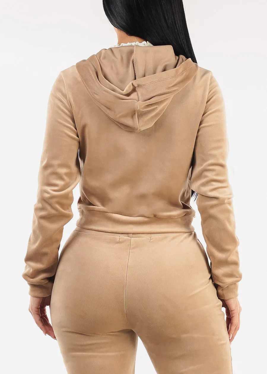 Long Sleeve Zip Up Velour Hoodie Light Khaki sold by Moda product image thumbnail 4