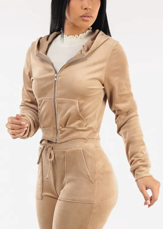 Long Sleeve Zip Up Velour Hoodie Light Khaki sold by Moda