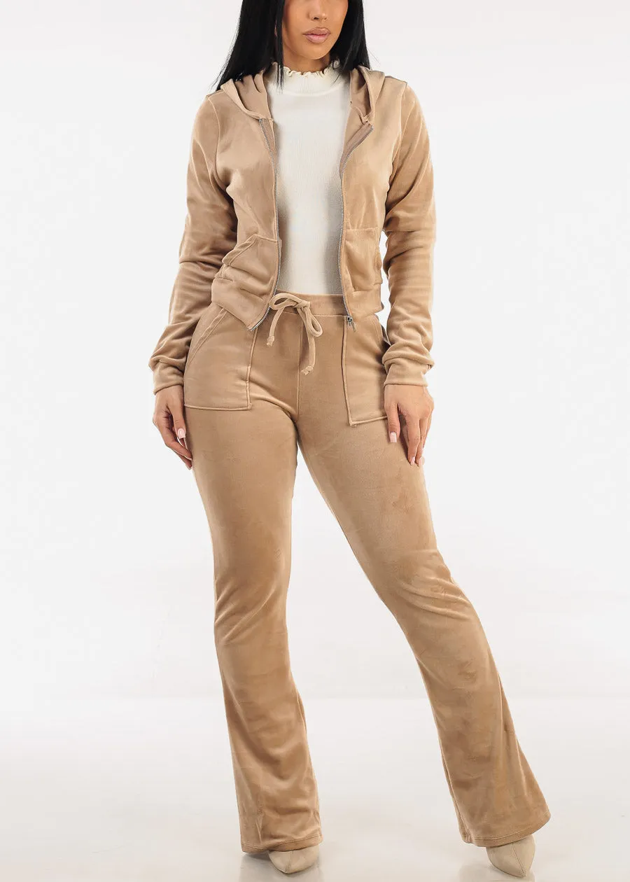 Long Sleeve Zip Up Velour Hoodie Light Khaki sold by Moda product image thumbnail 2