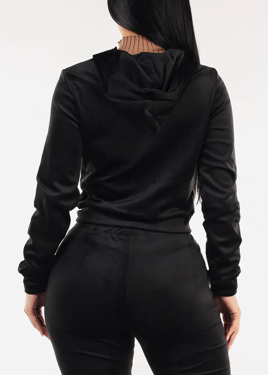 Black Long Sleeve Zip Up Velour Hoodie sold by Moda product image thumbnail 4