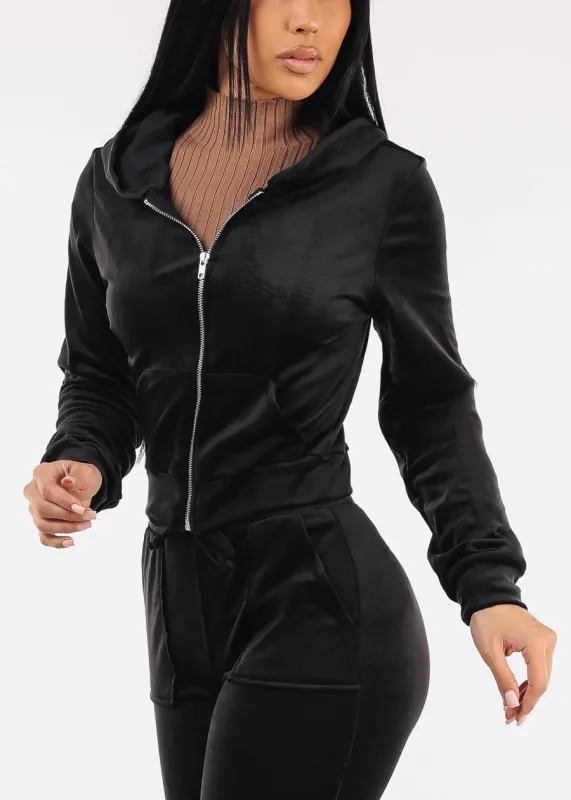 Black Long Sleeve Zip Up Velour Hoodie sold by Moda