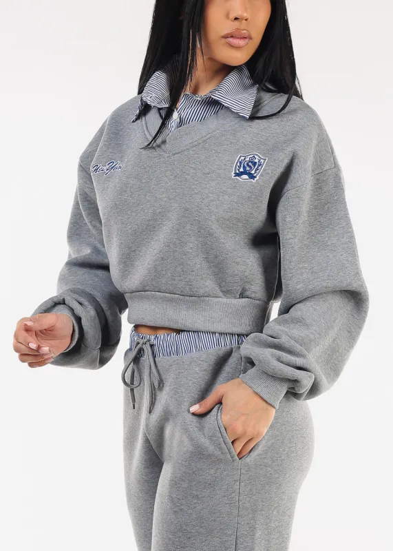 Cropped Fleece V-Neck Sweatshirt Grey w Striped Collar sold by Moda