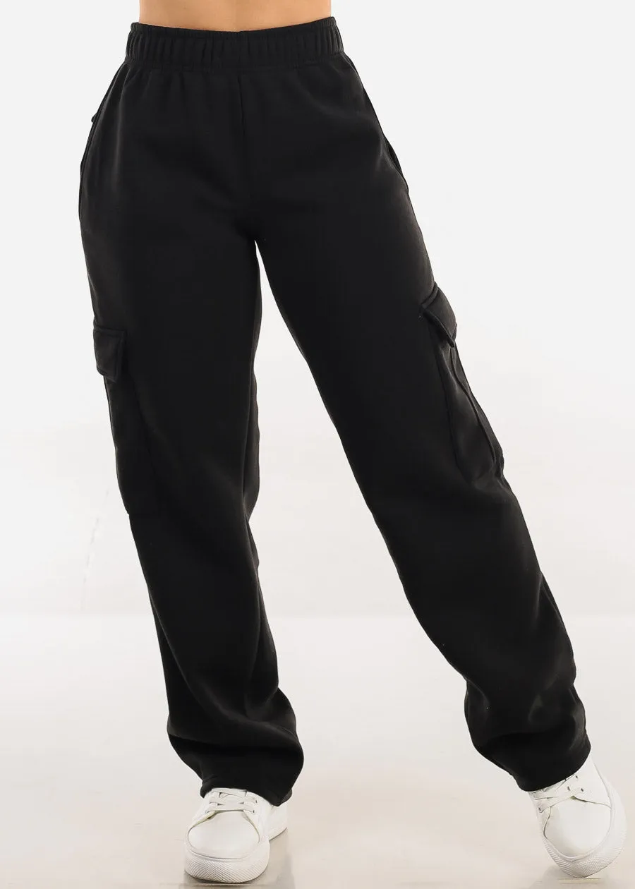 High Waist Relaxed Fit Utility Fleece Sweatpants Black sold by Moda