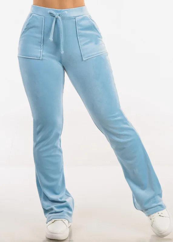 Velour High Waist Flared Pants Light Blue sold by Moda