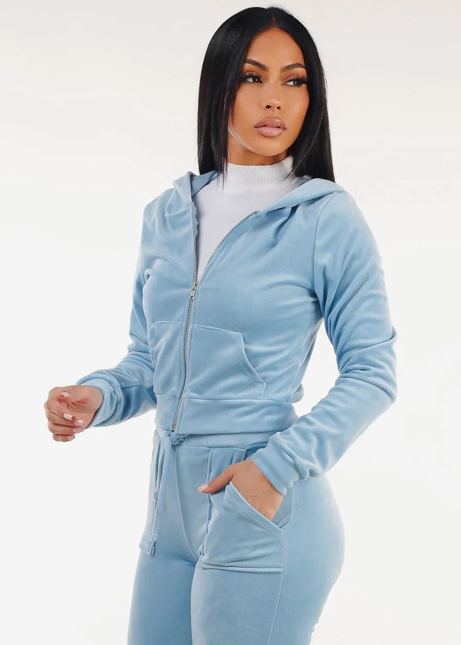 Long Sleeve Zip Up Velour Hoodie Light Blue sold by Moda