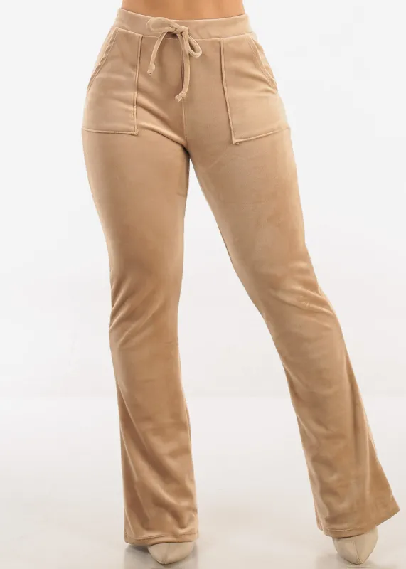 Velour High Waist Flared Pants Light Khaki sold by Moda