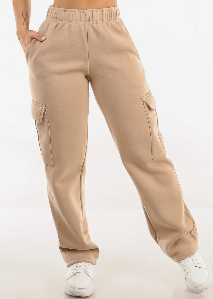 High Waist Relaxed Fit Utility Fleece Sweatpants Taupe sold by Moda