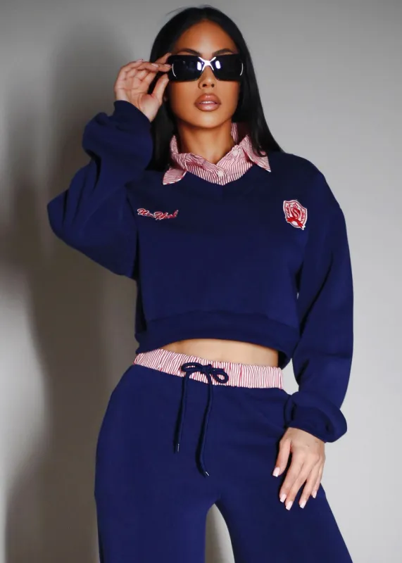 Cropped Fleece V-Neck Sweatshirt Navy w Striped Collar sold by Moda