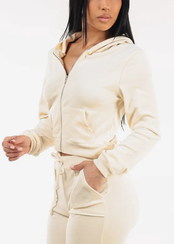 Long Sleeve Zip Up Velour Hoodie Ivory sold by Moda