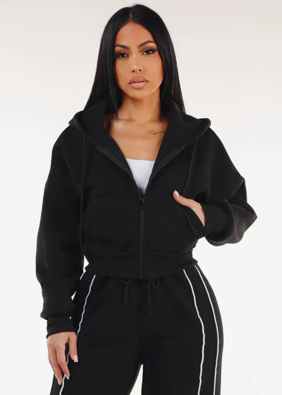 Cropped Black Fleece Zip Up Hoodie sold by Moda