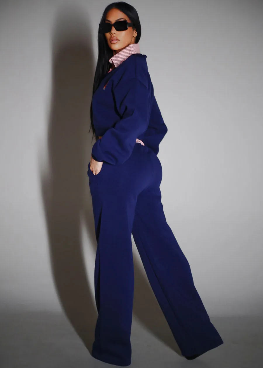 High Waist Wide Leg Fleece Sweatpants Navy w Striped Waist sold by Moda product image thumbnail 5