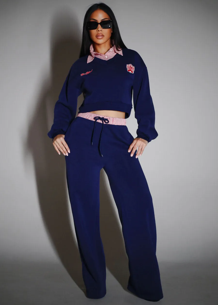 High Waist Wide Leg Fleece Sweatpants Navy w Striped Waist sold by Moda product image thumbnail 2