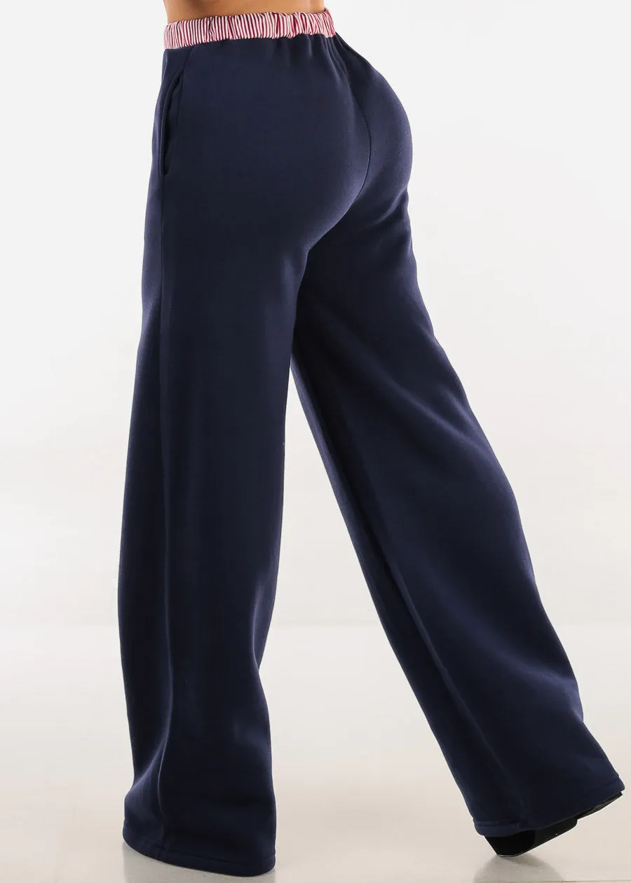 High Waist Wide Leg Fleece Sweatpants Navy w Striped Waist sold by Moda product image thumbnail 4