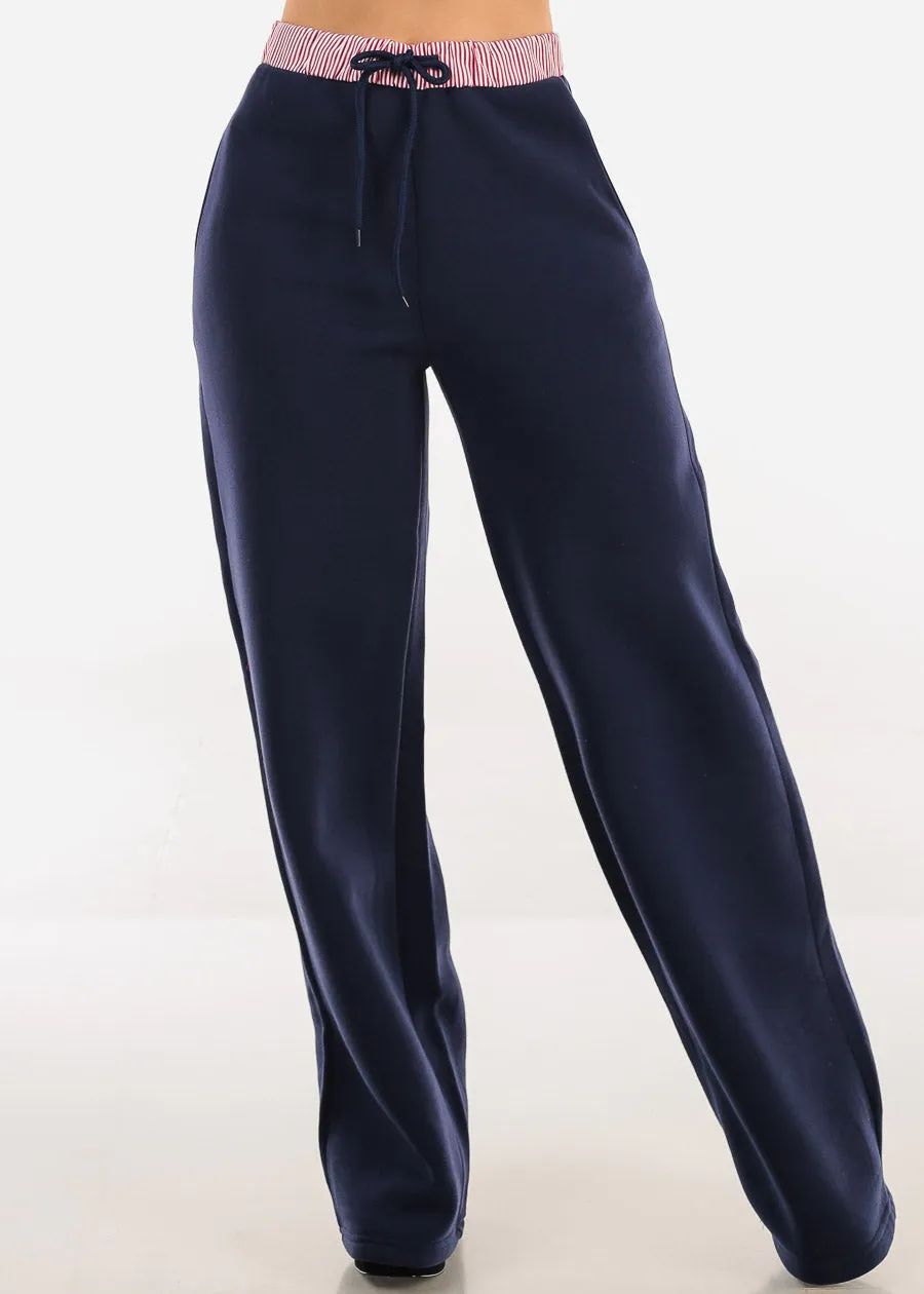 High Waist Wide Leg Fleece Sweatpants Navy w Striped Waist sold by Moda