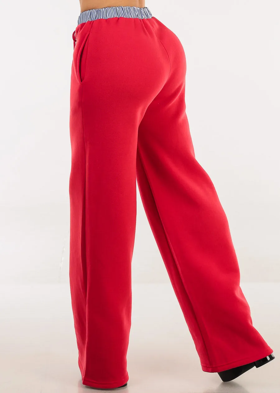 High Waist Wide Leg Fleece Sweatpants Red w Striped Waist sold by Moda product image thumbnail 4