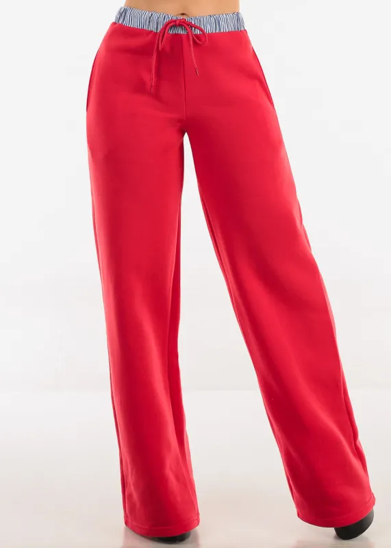 High Waist Wide Leg Fleece Sweatpants Red w Striped Waist sold by Moda