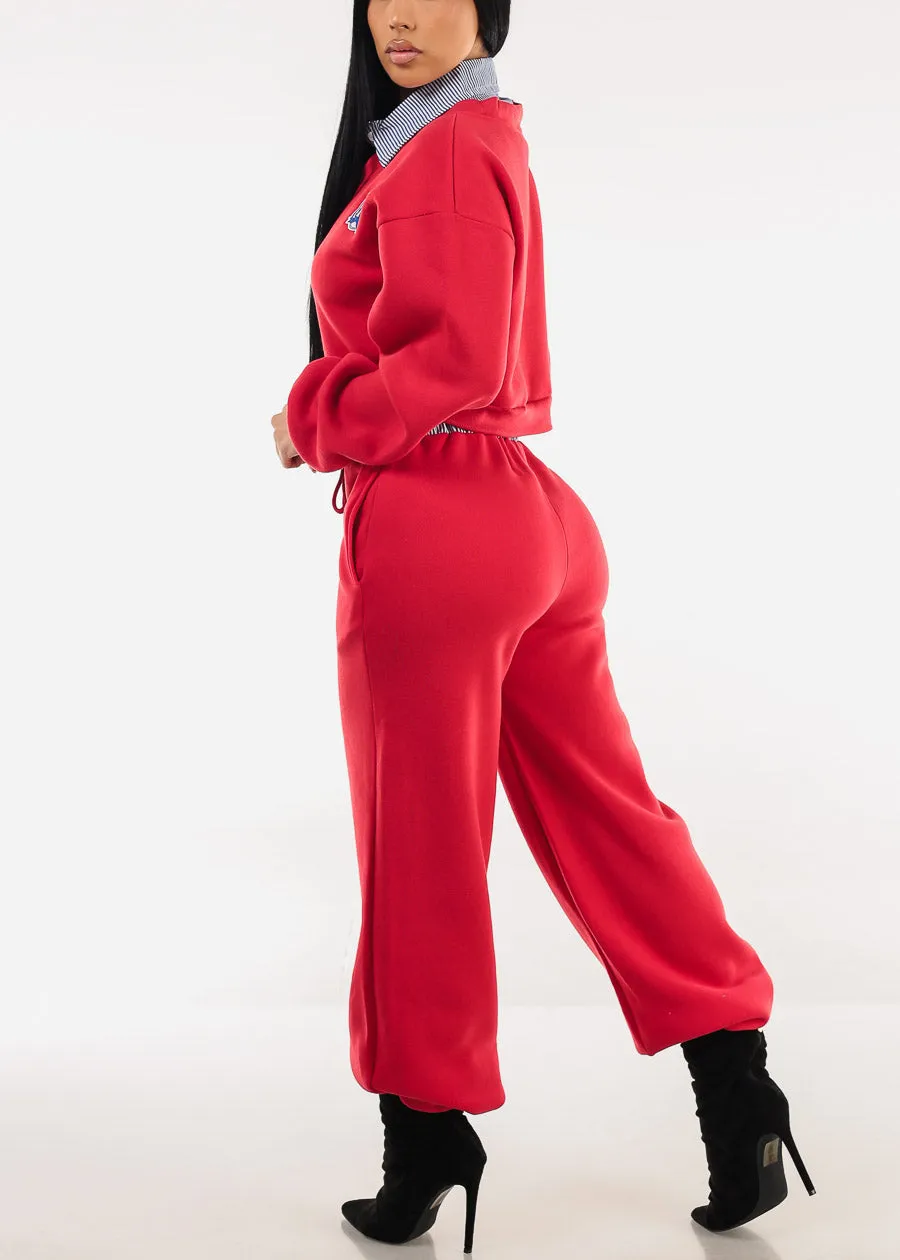 High Waist Wide Leg Fleece Sweatpants Red w Striped Waist sold by Moda product image thumbnail 5