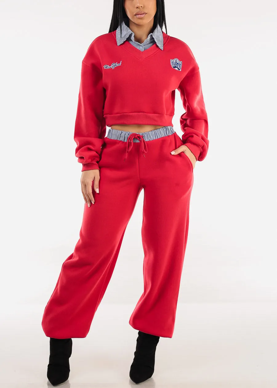 High Waist Wide Leg Fleece Sweatpants Red w Striped Waist sold by Moda product image thumbnail 2