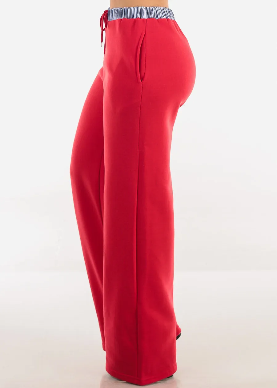 High Waist Wide Leg Fleece Sweatpants Red w Striped Waist sold by Moda product image thumbnail 3