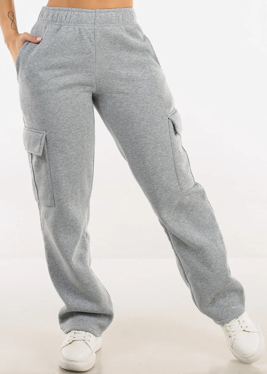 High Waist Relaxed Fit Utility Fleece Sweatpants Grey sold by Moda