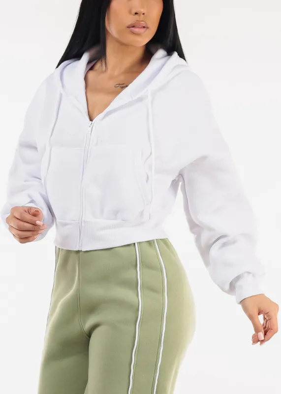Cropped White Fleece Zip Up Hoodie sold by Moda