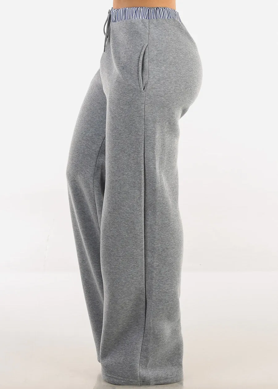High Waist Wide Leg Fleece Sweatpants Grey w Striped Waist sold by Moda product image thumbnail 3