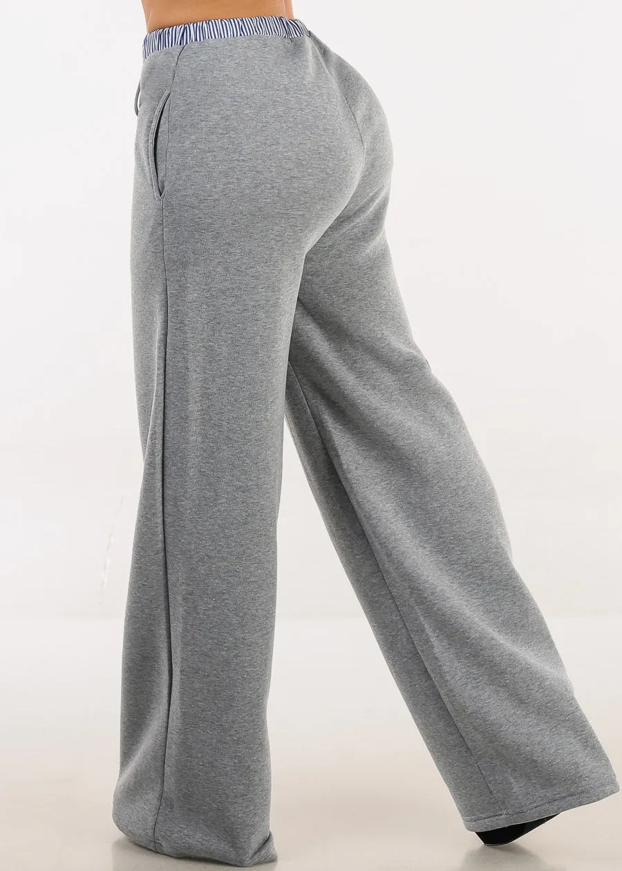 High Waist Wide Leg Fleece Sweatpants Grey w Striped Waist sold by Moda product image thumbnail 4