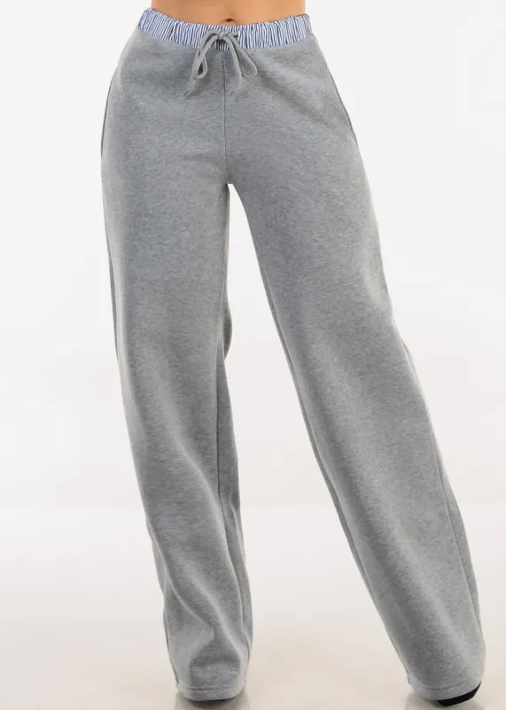 High Waist Wide Leg Fleece Sweatpants Grey w Striped Waist sold by Moda
