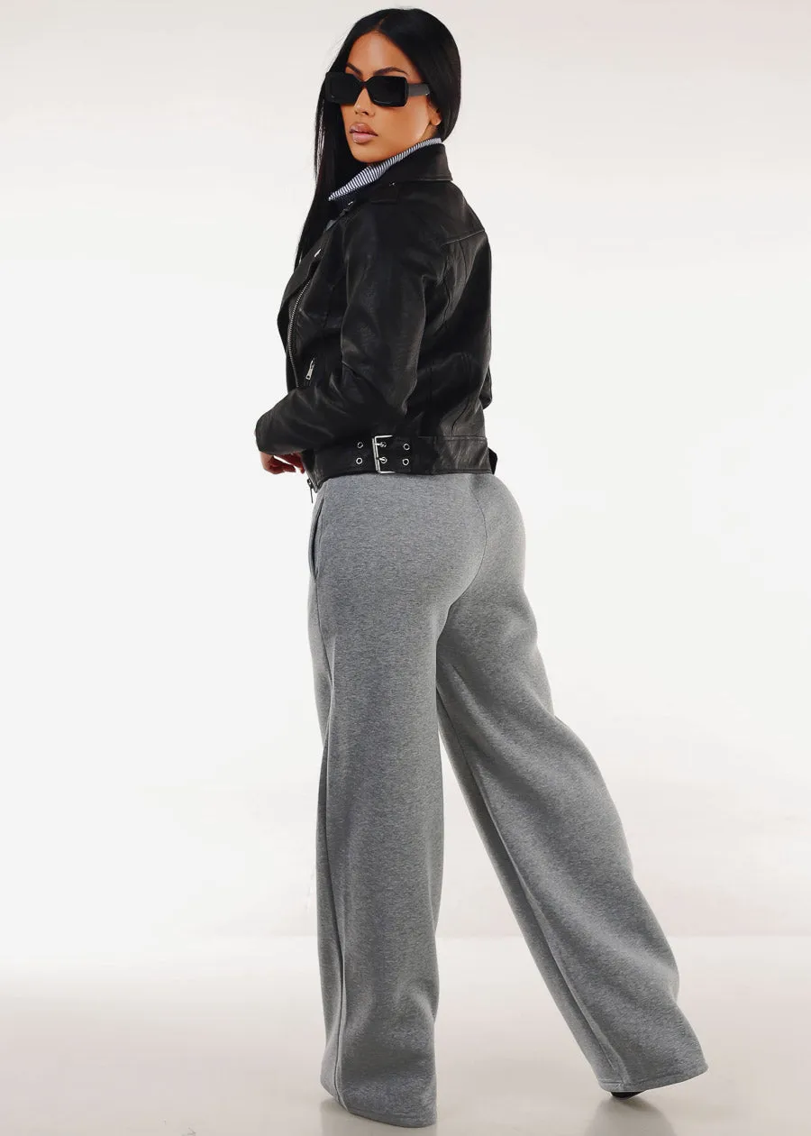 High Waist Wide Leg Fleece Sweatpants Grey w Striped Waist sold by Moda product image thumbnail 5