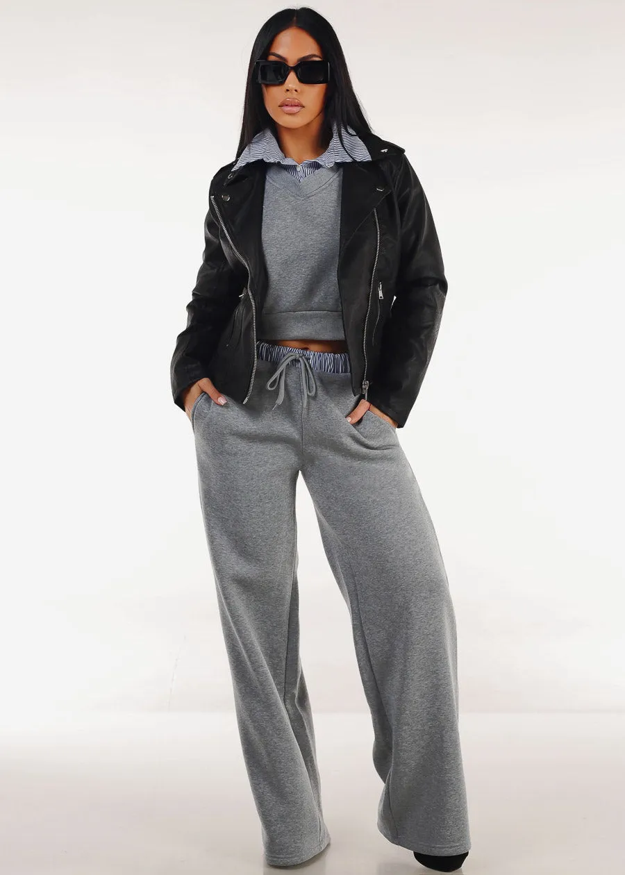 High Waist Wide Leg Fleece Sweatpants Grey w Striped Waist sold by Moda product image thumbnail 2