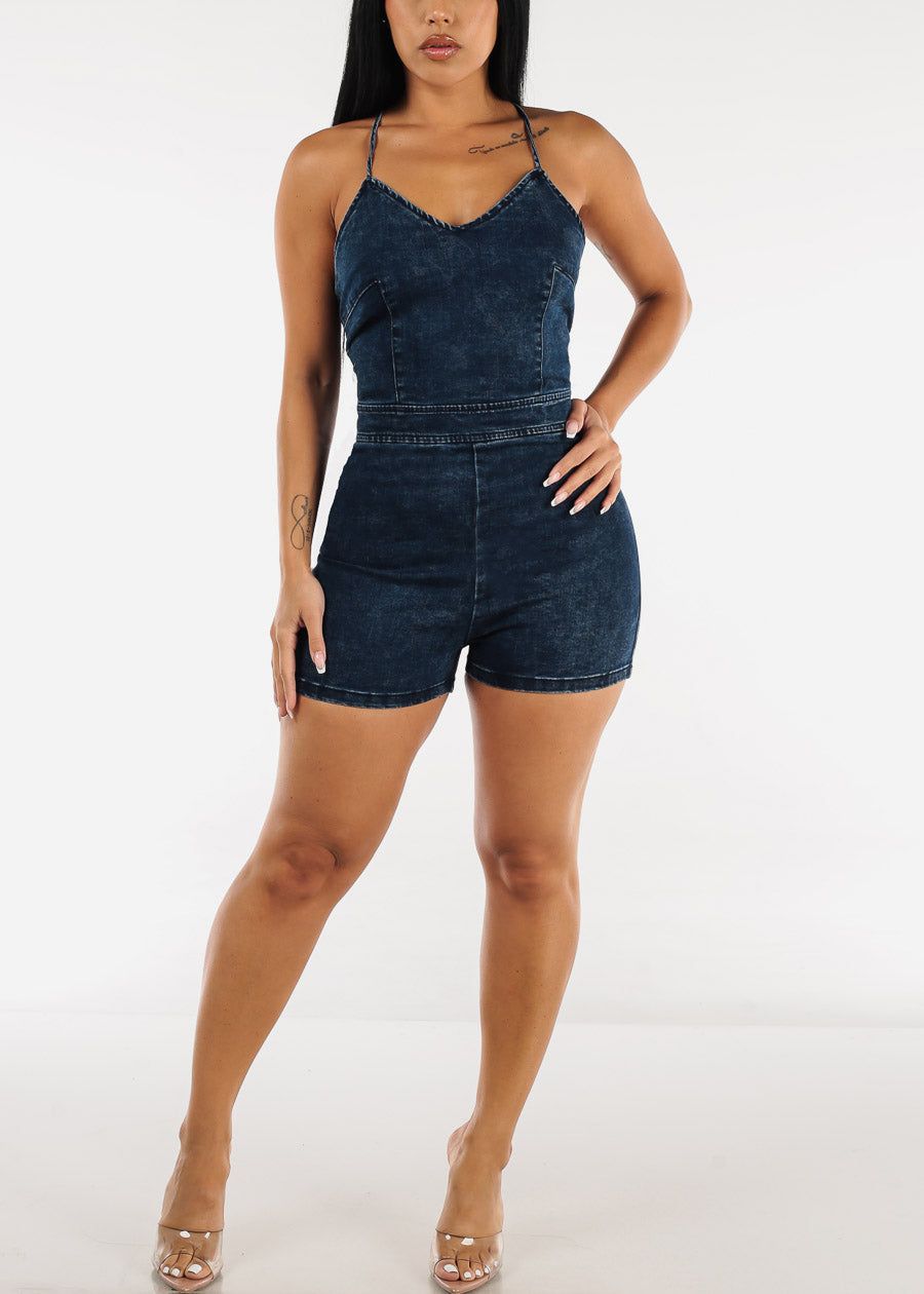 Sleeveless Lace Up Back Acid Blue Denim Romper sold by Moda product image thumbnail 2