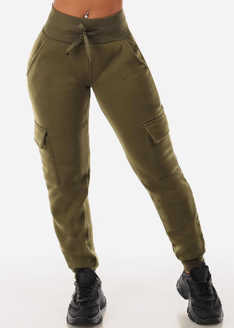 Fleece High Waist Cargo Jogger Sweatpants Olive sold by Moda