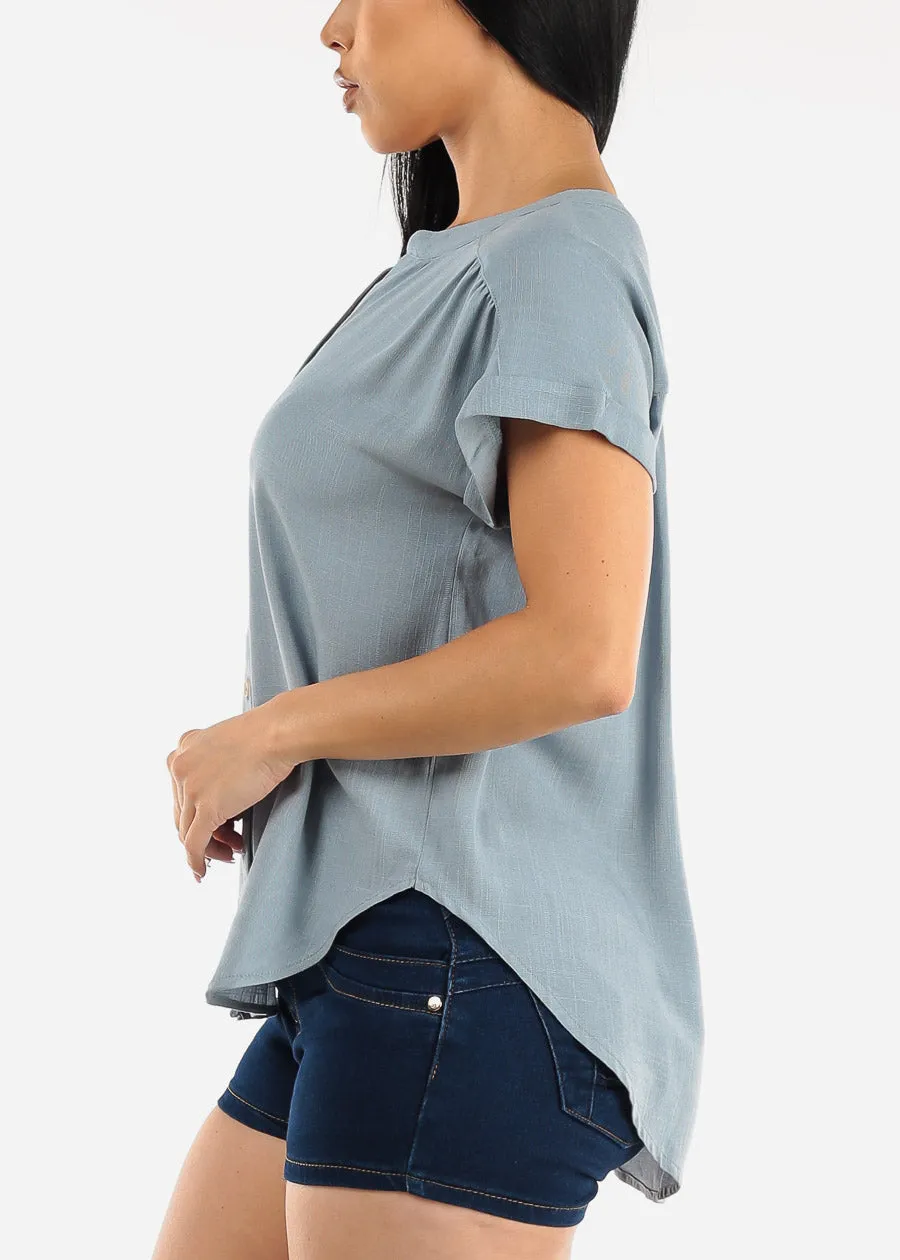 Short Sleeve Round Hem Button Up Woven Blouse Dusty Blue sold by Moda product image thumbnail 3