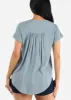 Short Sleeve Round Hem Button Up Woven Blouse Dusty Blue sold by Moda