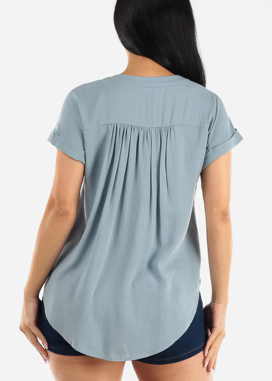 Short Sleeve Round Hem Button Up Woven Blouse Dusty Blue sold by Moda product image thumbnail 4