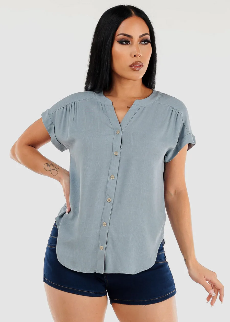 Short Sleeve Round Hem Button Up Woven Blouse Dusty Blue sold by Moda