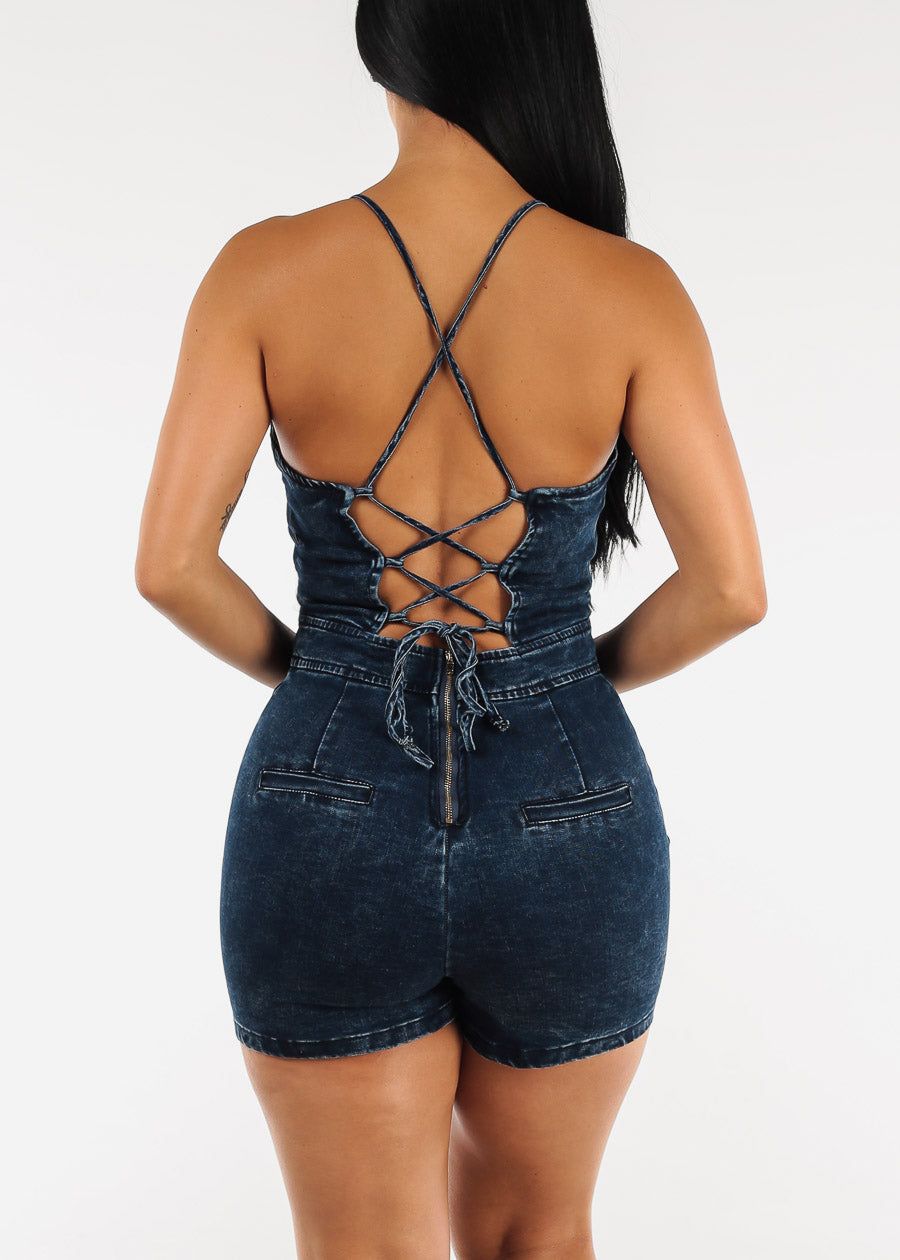 Sleeveless Lace Up Back Acid Blue Denim Romper sold by Moda product image thumbnail 4