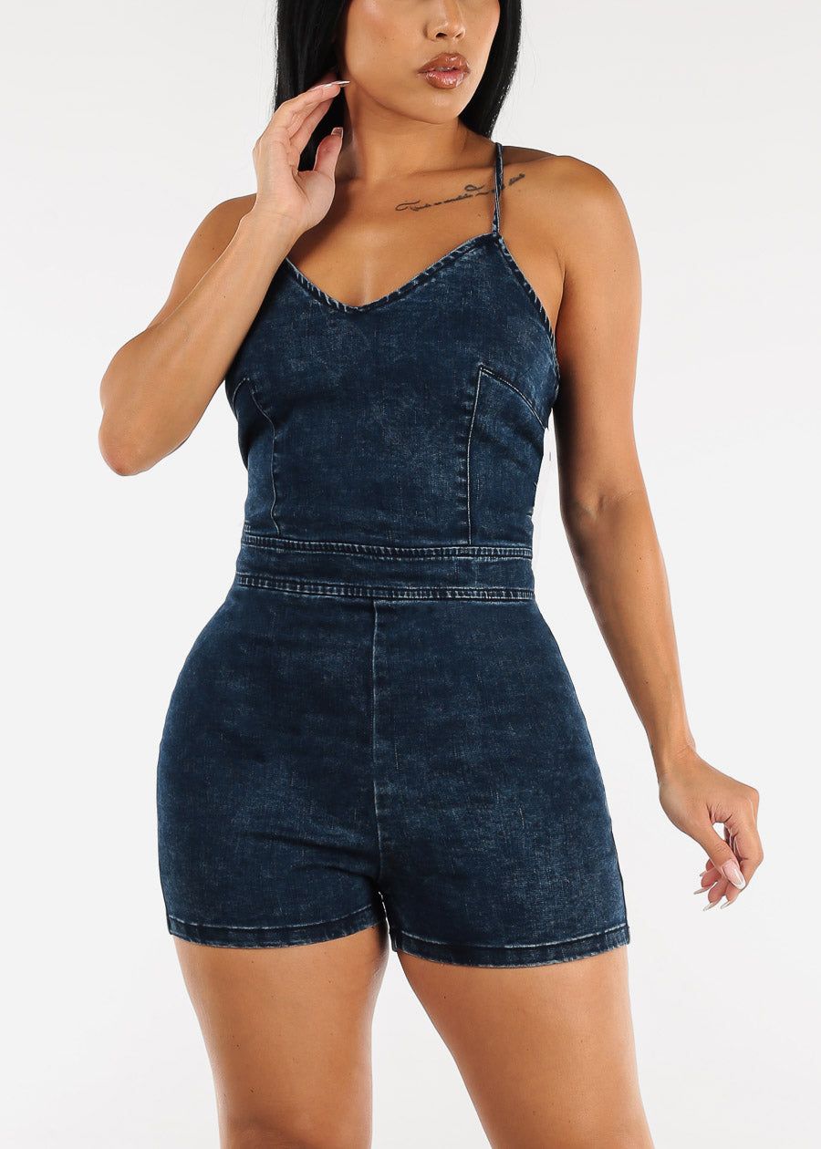 Sleeveless Lace Up Back Acid Blue Denim Romper sold by Moda