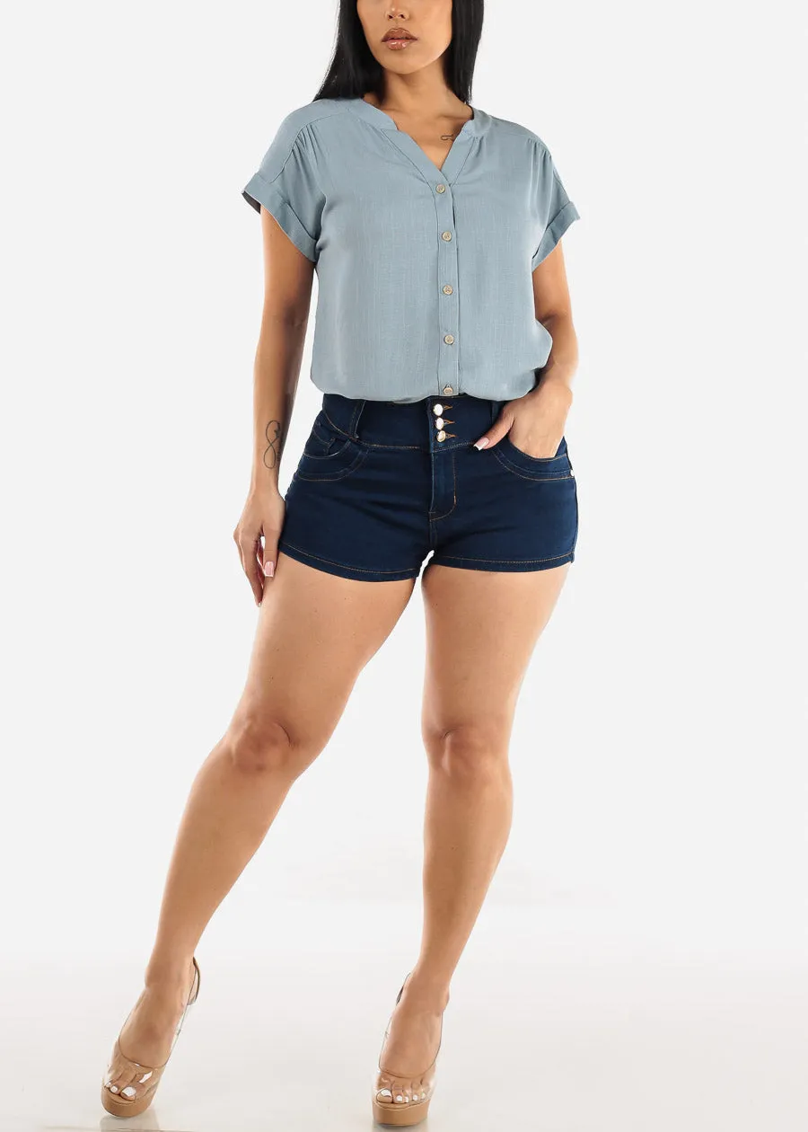 Short Sleeve Round Hem Button Up Woven Blouse Dusty Blue sold by Moda product image thumbnail 2