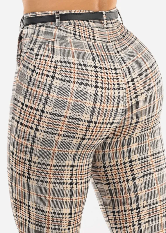 Butt Lift Stretchy Plaid Skinny Pants Beige sold by Moda