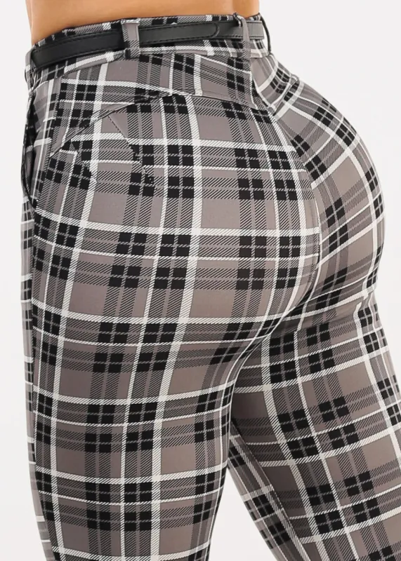 Butt Lift Stretchy Plaid Skinny Pants Dark Grey sold by Moda