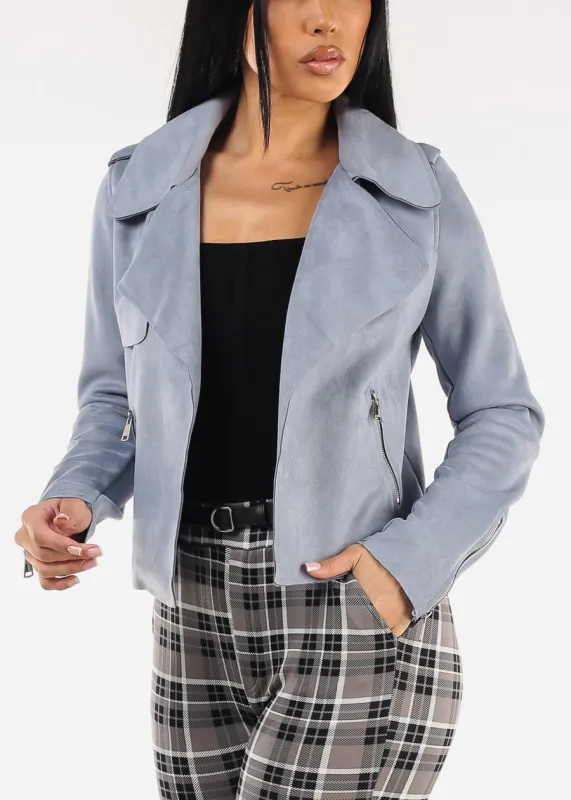 Long Sleeve Open Front Suede Moto Jacket Dusty Blue made by iris