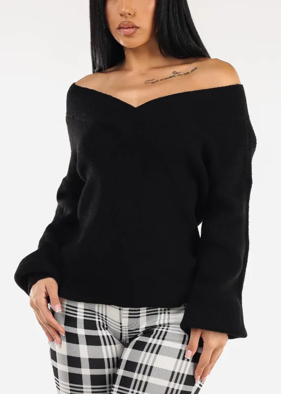 Long Sleeve Vneck Knitted Sweater Black sold by Moda